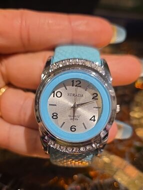 Strada Silver Dial Watch with Light Blue Bezel and Strap